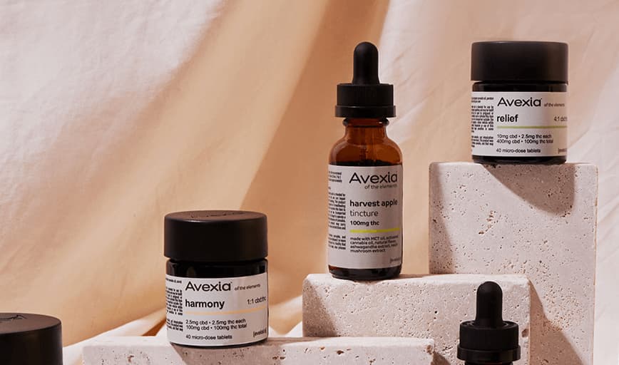 Avexia lotion bottle featuring cannabis-infused wellness formula